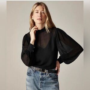 NEW‎ J.Crew Women's Black Irina Ruffleneck Long Sleeve Chic Sheer Chiffon Top XS